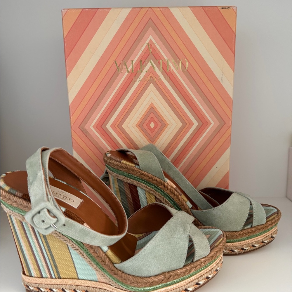 NEW- in Box-Valentino Garavani Mint Suede Striped Espadrille Wedges